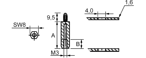 Výkres - Rozpěrka /sloupek/ plošných spojů M3, L=51 mm, PA 6.6 černá
