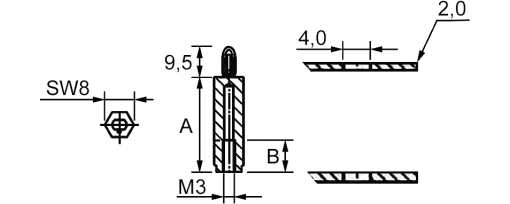 Výkres - Rozpěrka /sloupek/ plošných spojů M3, L=17 mm, PA 6.6 černá